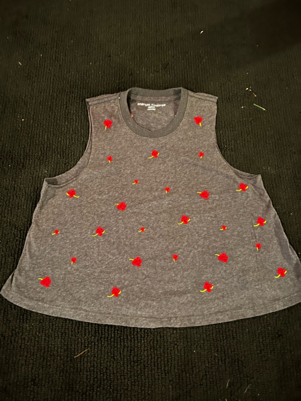 NWOT Spiritual Gangster dark heather Gray Tank with Red Rose Embroidery size M